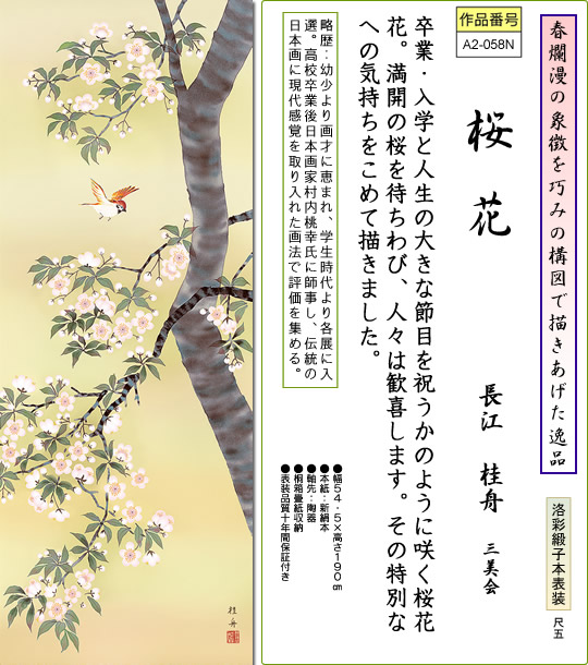 掛け軸-桜花に小鳥／長江桂舟（尺五・桐箱・風鎮付き）