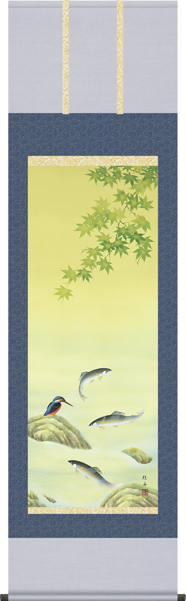 掛け軸-鮎にかわせみ／長江桂舟（尺五・桐箱・風鎮付き・緞子）花鳥画 
