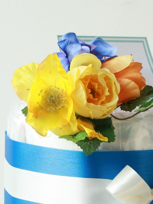 ふわふわウサギのおむつケーキ/2段・ブルー　花