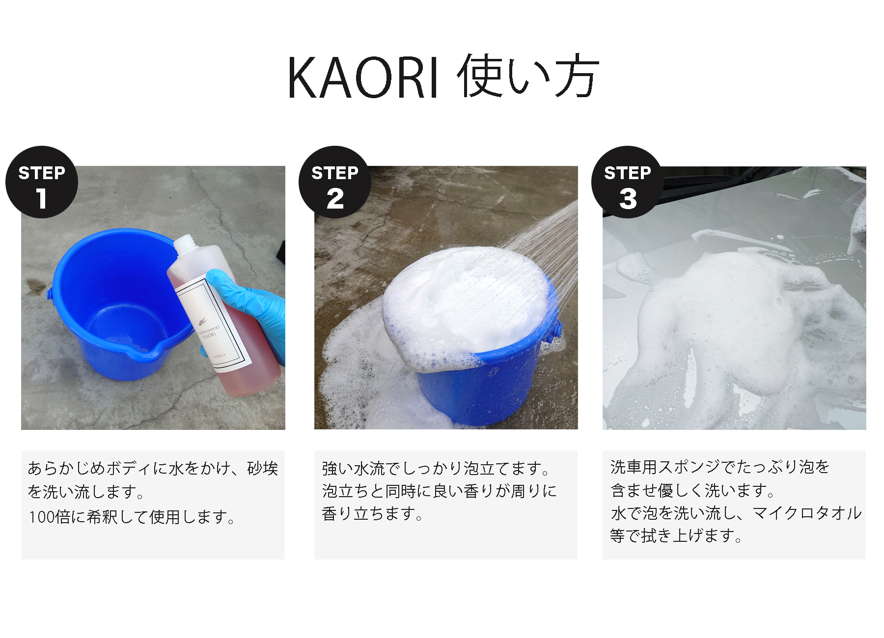 KAORI使用方法。あらかじめボディの砂埃を水で洗い流し、KAORIを10倍〜20倍で希釈し、よく泡立てます。洗車スポンジで優しく洗い流し、水で泡をしっかり洗い流し、マイクロファイバークロス等でしっかり拭き上げます。